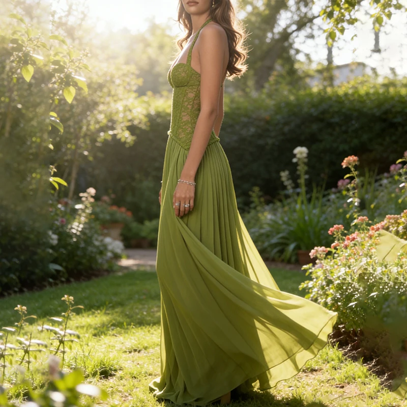 Primavera Verano mujeres encaje verde Halter Deep V Fishbone Corset Maxi vestido elegante plisado vestido adecuado fiesta de noche banquete de graduación