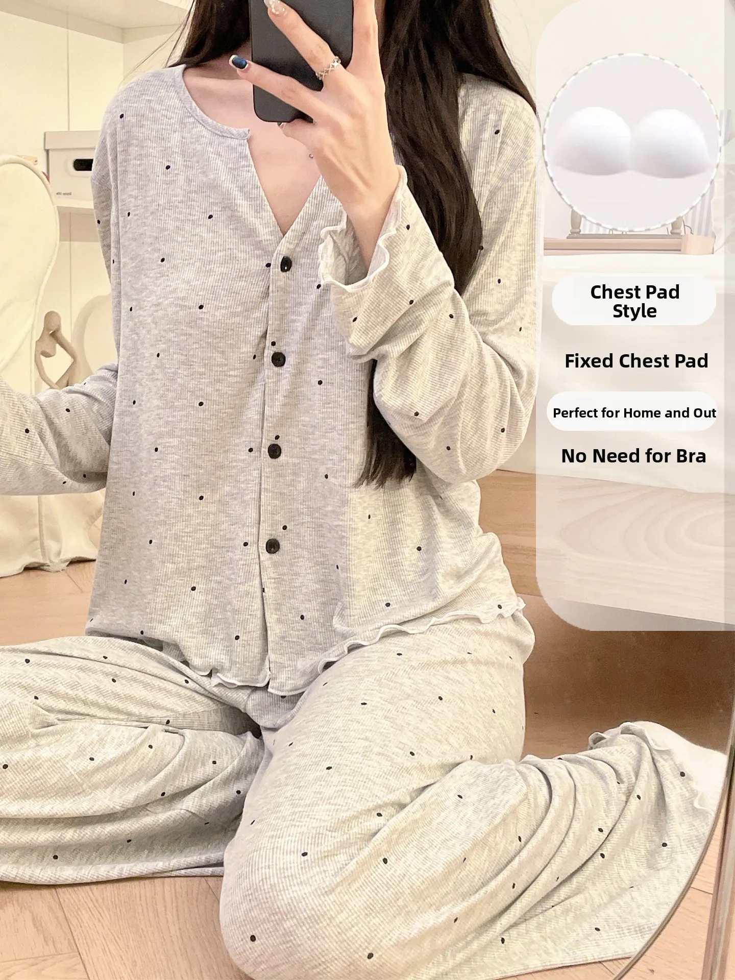 

Новый женский домашний комплект из модала с длинным рукавом и кардиганом, с подкладкой на груди, для весны и осени, с дизайном в горошек, коллекция 2026 года