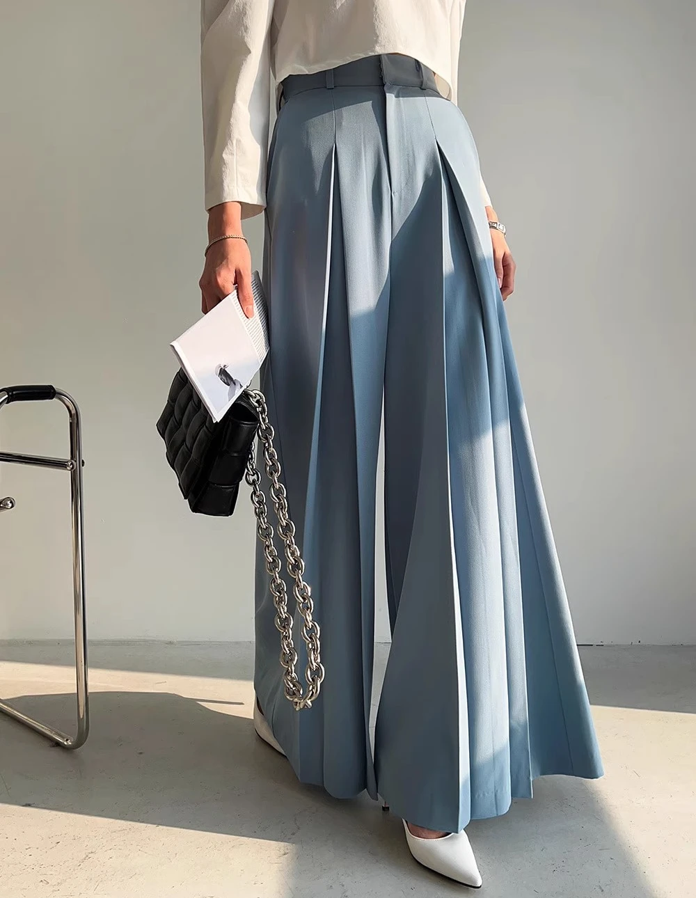 Blue Chic Wide Leg Pants Women Elegant Elastic Waisted Loose Trousers Female Bottoms Korean Fashion Streetwear Pants Mom