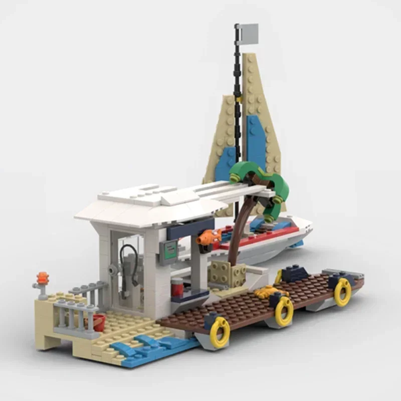 Klocki konstrukcyjne Moc, model ulicy z molo i żaglówką, klocki techniczne, zabawka do samodzielnego montażu, prezent dla dziecka na święta.