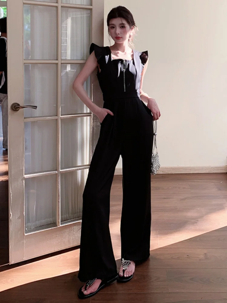 Tuta nera per donna Tuta estiva a gamba larga di fascia alta stile dea con vita sottile