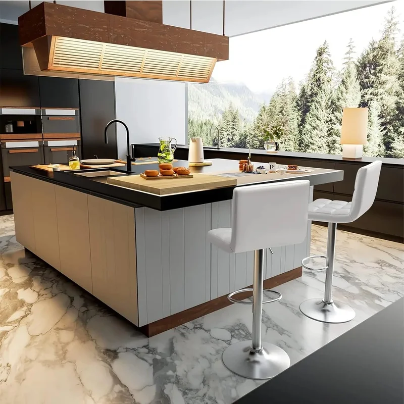 

Modern PU Leather Adjustable Swivel Barstools, Armless Hydraulic Kitchen Counter Stool, Square Island Stool