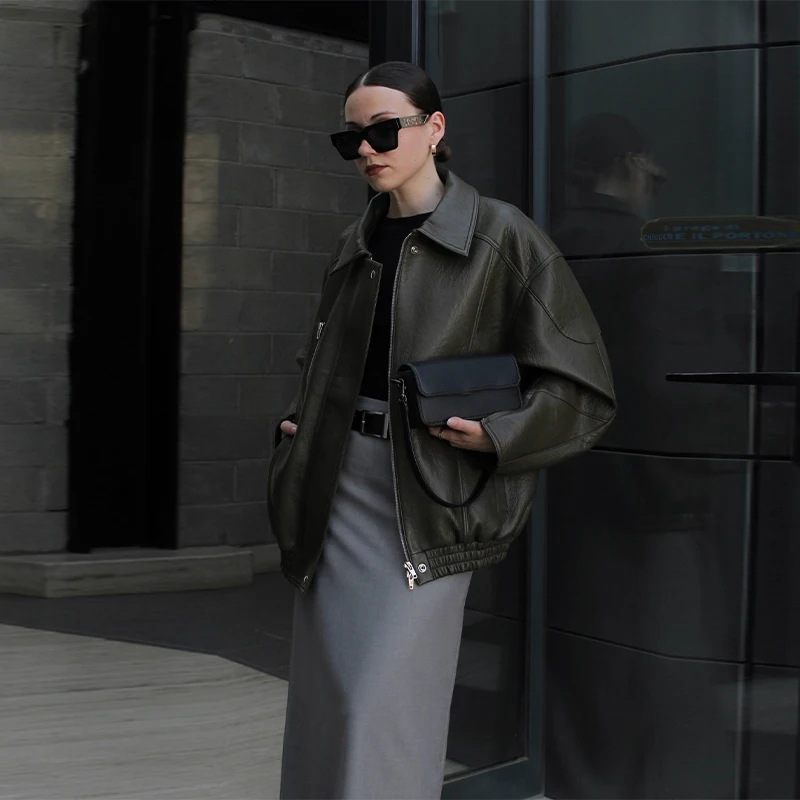 Retro Uniwersalna Skórzana Kurtka Kołnierz Zamek Błyskawiczny Casualowy Elegancki Płaszcz Wierzchni Modny Długi Rękaw Luźny Damski Jesienny Streetwear