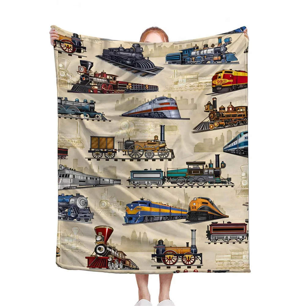 Small train Microfiber Throw Blanket, Train Leisure Cover Blanket, Locomotive Lunch Break Blanket Home Travel Camping Blanket