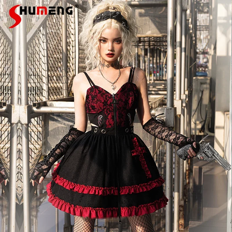 Original gótico escuro harajuku preto e vermelho lolita vestido para mulher fino-ajuste zíper em camadas curto suspender vestido jsk vestidos