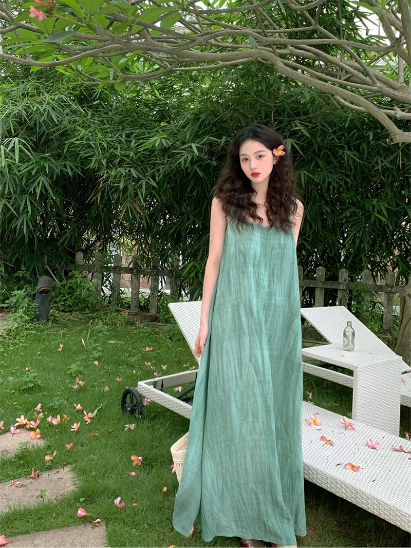 

Summer Evening Breeze Linen Dr with Knot oulder Strap U-Ne Pleated Gown French Sle Loose Waist Svel