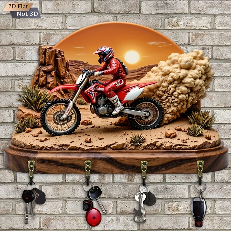 2D Flat. 1pc. Desert Motorcycle Key Hook - Wooden Multi-Functional Decorative Holder with Four Metal Hooks, Wall Décor for Room - Image 4