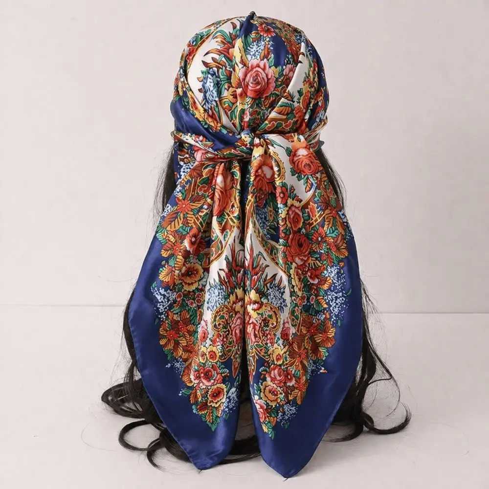 90x90cm Silk Imitation Scarves Thin Breathable Floral Print Square Print Scarves Multi-Function Smooth Silky Feel