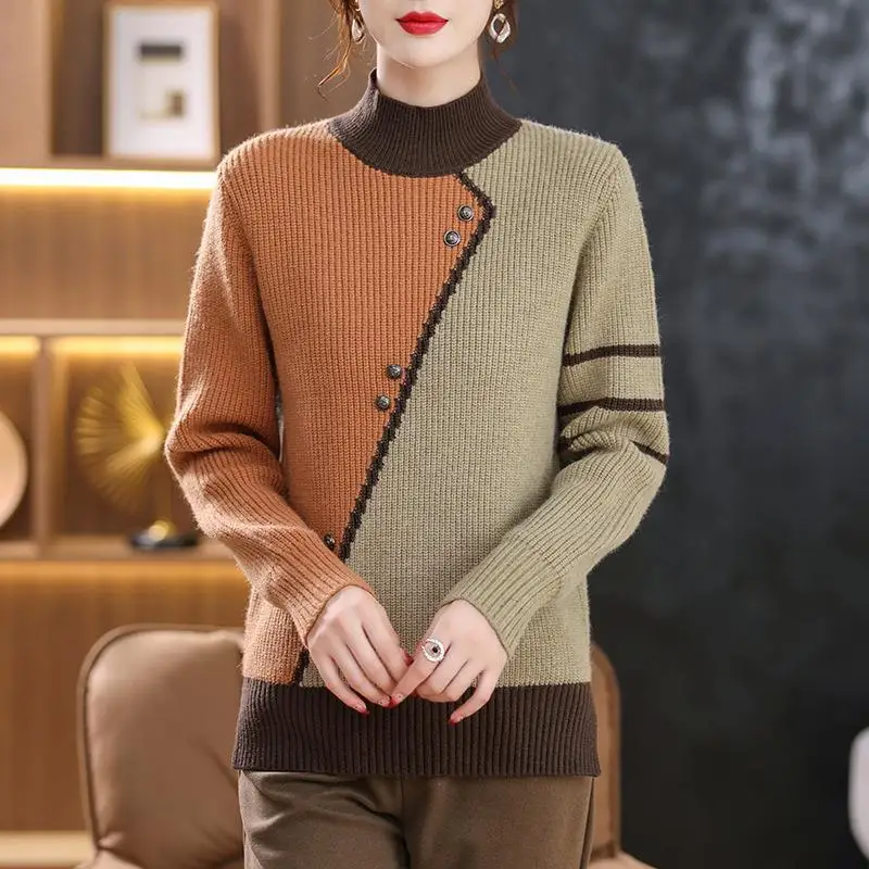 Women Vintage Elegant Contrast Color Button Knitted Sweater Autumn and Winter Fashion Half High Collar Long Sleeve Pullover Tops