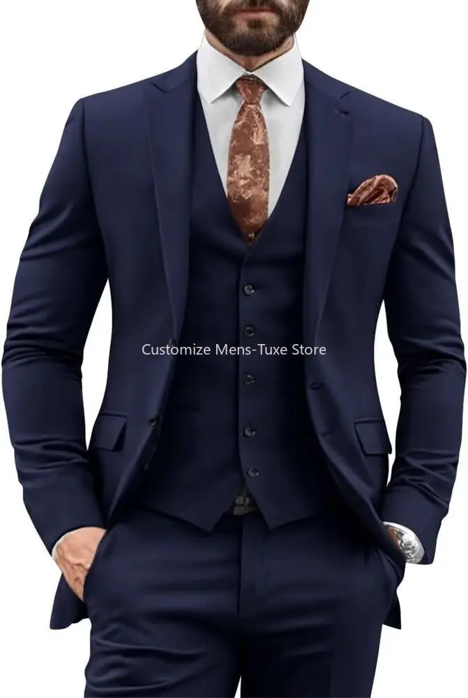 Men's 3 Pcs Suits for Wedding Single Breasted Suit Peak Lapel Blazer+Pants+Vest