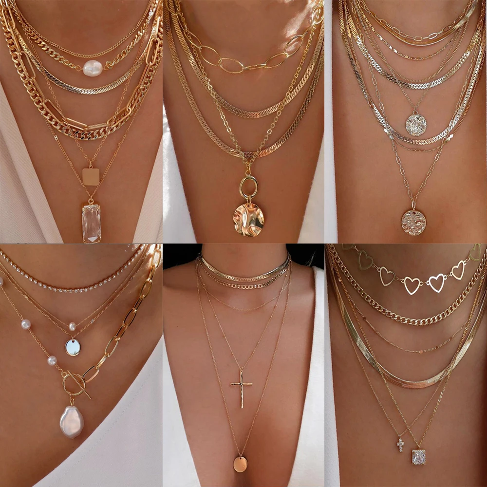 bls-miracle Bohemia Gold Color Multiple Styles Necklace For Women Trendy Multi-Layer Crystal Pendant Necklaces Set Jewelry Gifts