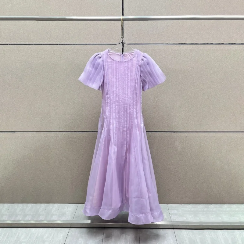 Verão 2025 feminino em torno do pescoço dupla camada tecido trabalho pesado vestido de manga curta y2k alta qualidade moda rua a linha saia