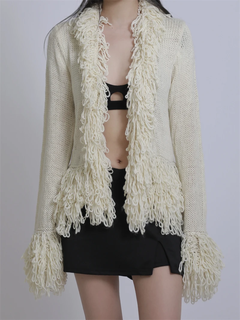 

Кардиган MOONLET с бахромой и открытым воротником, женский свободный вязаный свитер-пальто в винтажном стиле для осени и зимы, дизайн в стиле пустыни