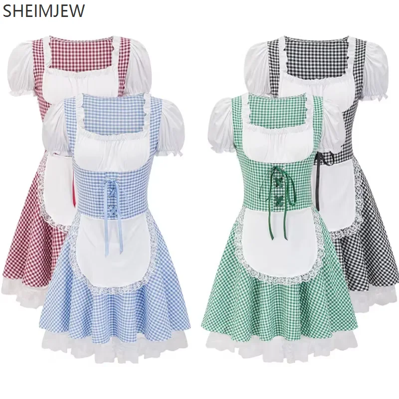 

Germany Munich Oktoberfest Multicolor Plaid Costume Traditional Bavarian Beer Girl Dress Carnival Party Adult Cosplay Beer Maid