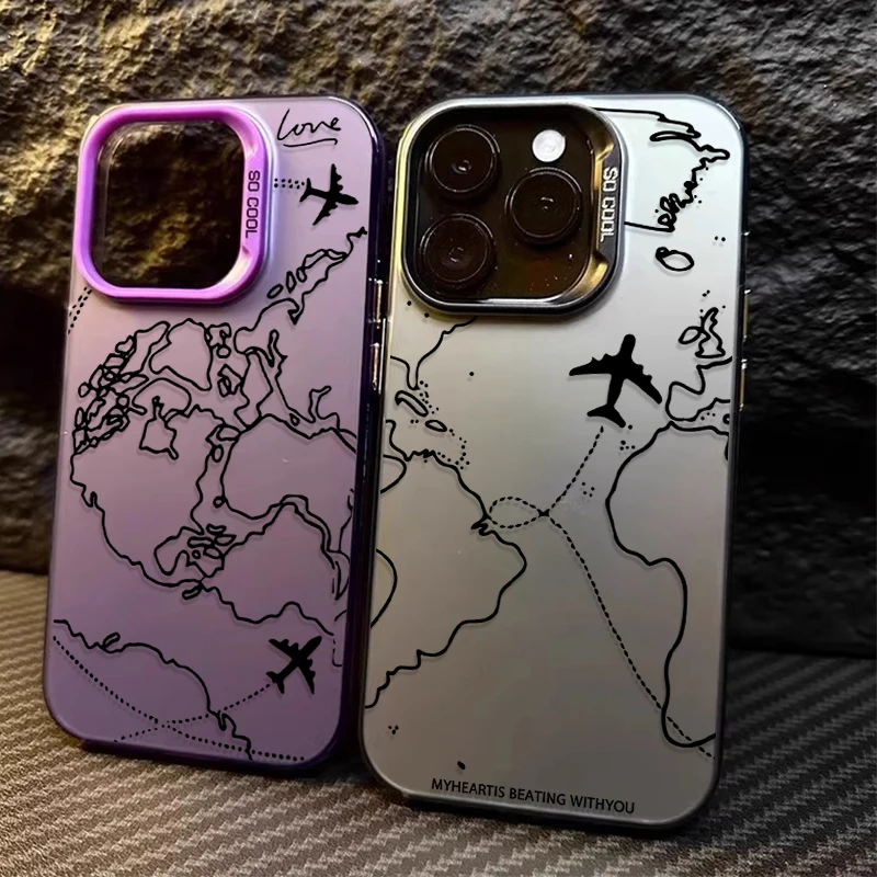 Airplane Route Travel Matte Hard Case for iPhone 15 14 16 13 12 11 Pro Max XS X XR 8 7 Plus SE 2020 Shockproof Plating PC Cover