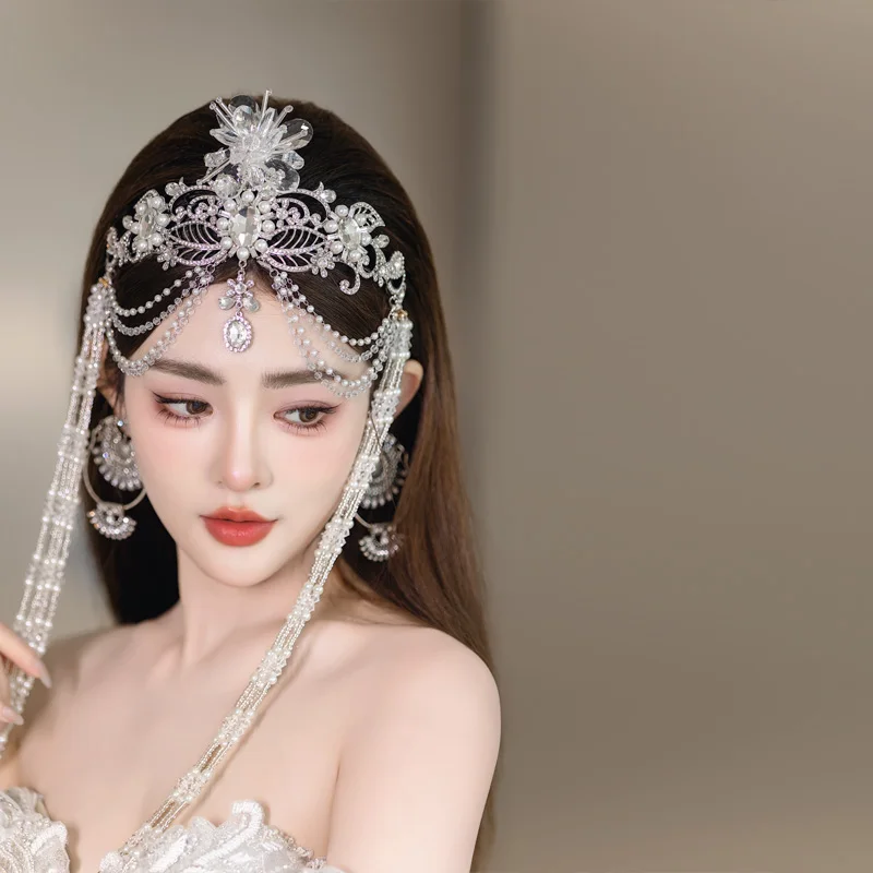 Bruidshoofddeksel temperament zilveren kralenkoord omzoomd voorhoofd sieraden mooie handgemaakte bruiloft haaraccessoires in Koreaanse stijl