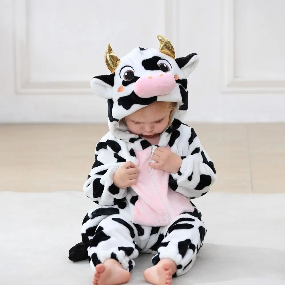 Soft Flannel Baby Hooded Romper Full-Coverage Design Cartoon Animal Infant Jumpsuit Lightweight Hooded Design Toddler Costume