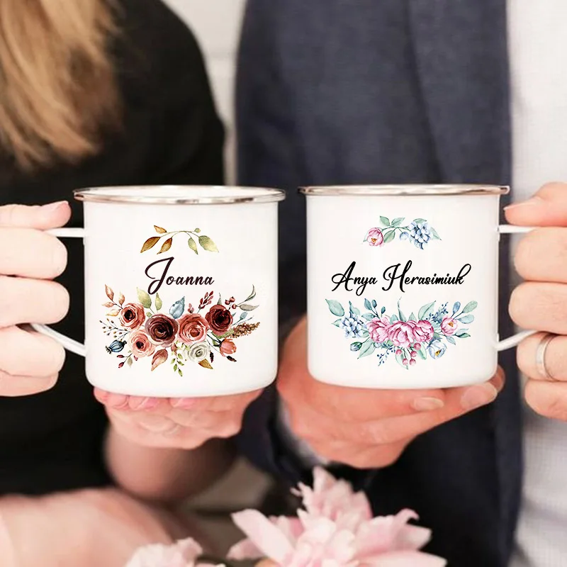 Personalised Custom Name Flower Enamel Mug Bachelorette Party Coffee Mugs Bridesmaid Cup Wedding Bride Team Bridal Shower Gifts