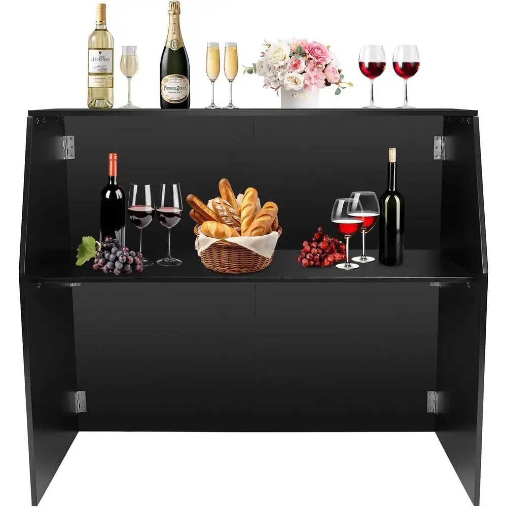 Portable Mobile Wine Cabinet Bar with Laminate Counter and Shelves for Retail and Events (Black)