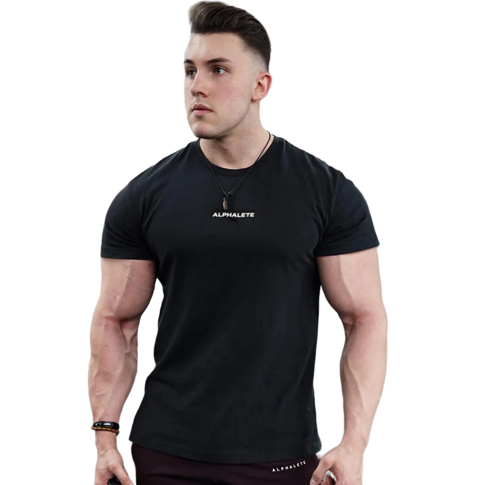 Cotton Running Sport T-shirt Men Gym Fitness Skinny Shirt Short Sleeve Print Tee Tops Male Summer Bodybuilding Training Clothing