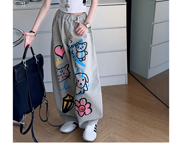 American Girl Baggy Washed Jeans Kinder Retro Harajuku Cartoon Print Denimhose Kinder Hip Hop Streetwear Hose mit Zeichnungen – Detail 9
