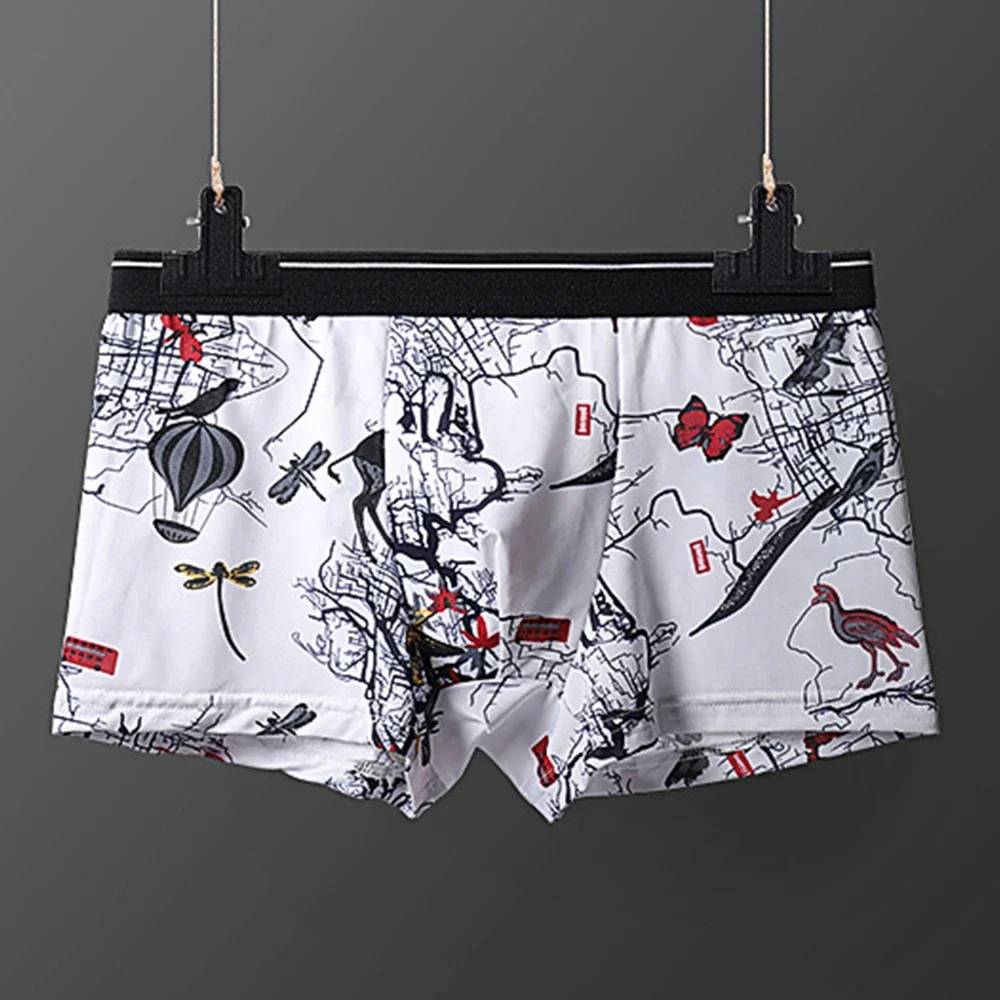 Men\'s Panties Sexy Ice Silk Loose Underwear Print Quick Dry Briefs Bulge Pouch Soft Breathable Underpants Elastic Trunks