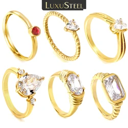LUXUSTEEL Size 6-9 Elegant Cubic Zircon Wedding Rings For Women Stainless Steel 18k Golden Plated Crystal Ring Engagement