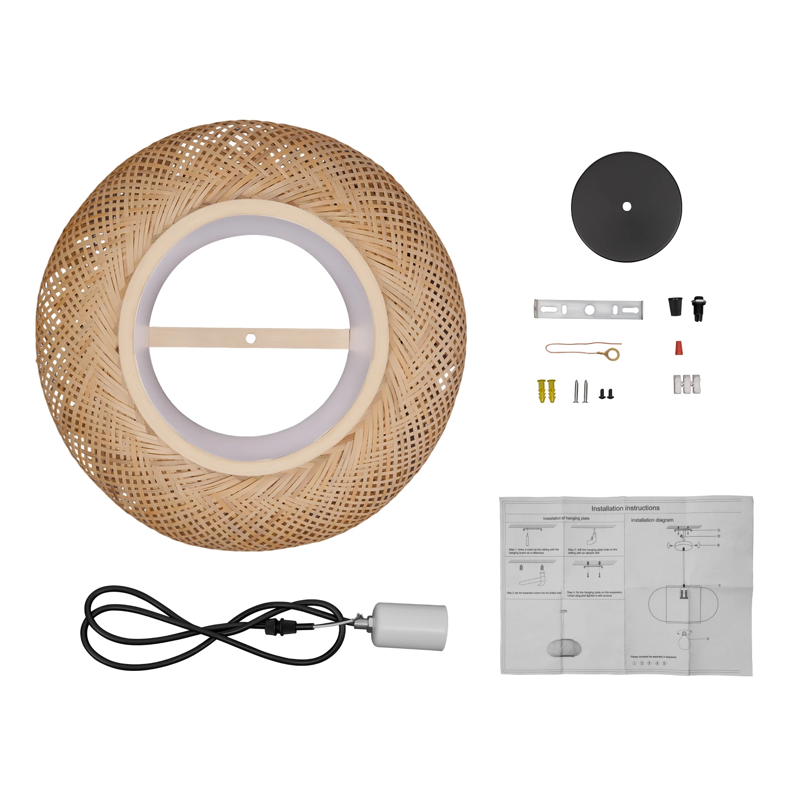 Luminária pendente de bambu natural com artesanato tecido à mão, tipoia ajustável (39,4 polegadas), ecológica, estilo retrô, criação