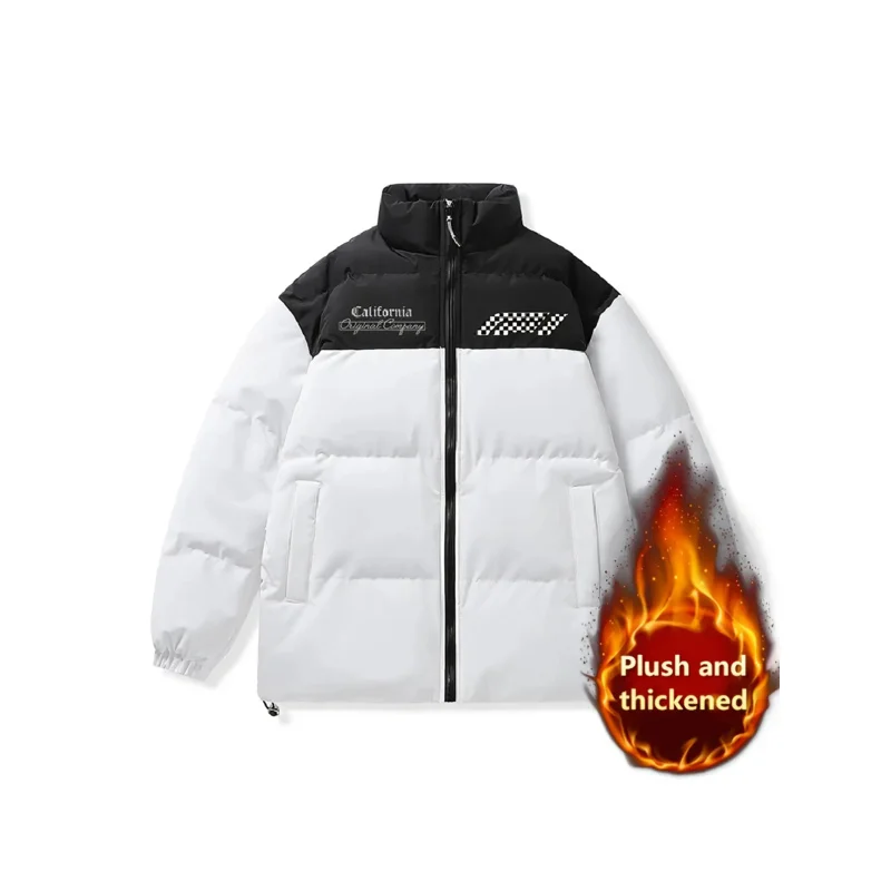 

Men's Winter Black and White Contrast Color Stand Collar Cotton Jacket，Lined with fleece and thickened for warmth “Portable Heat