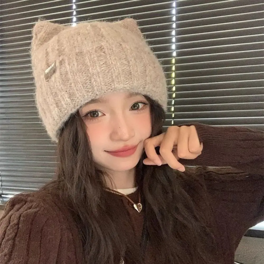 Berretti lavorati a maglia caldi foderati in pile tinta unita Berretti berretti femminili Hip Hop anti-freddo Cofano scaldino per orecchie di gatto all'aperto