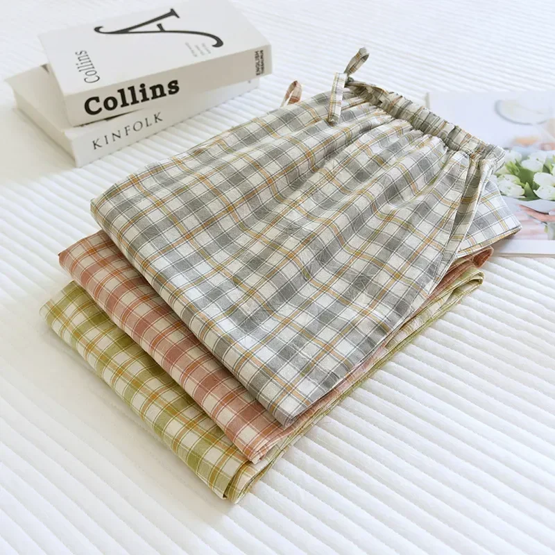 ฤดูใบไม้ผลิฤดูร้อนกางเกงหลวมสําหรับ Sleep และลายสก๊อตสบายๆผ้าฝ้ายยืดหยุ่นกางเกงผู้ชายเอวบ้านผู้หญิง/ชุดนอน