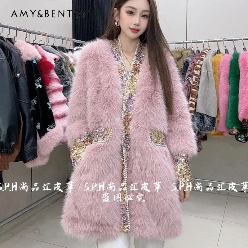 

Chic Exquisite Pearl Trim Scarf Collar Furry Coat Mid-Length Brightening Sequin V-Neck Jacket Winter Autumn Faux Fur Overcoats
