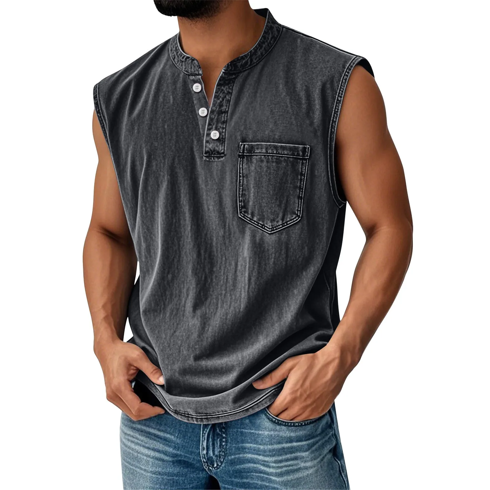 Gilet sans manches vintage délavé pour homme, col Henley, boutonné, couleur unie, polyvalent, décont