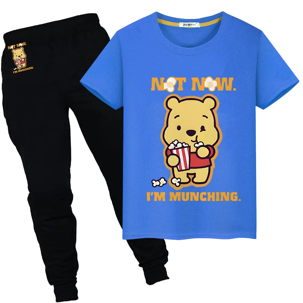 

Pooh Bear Sports Sets 100%Cotton Print Kawaii T-shirt boys girls clothes Summer Disney Short+pant Cute Tshirts kid holiday gift