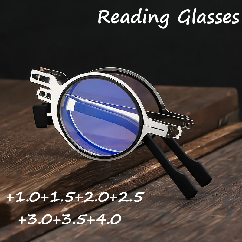 Metal Folding Reading Glasses Men Anti-Blue Light Portable Presbyopia Spectacles Frame Cooling Glasses with Case +1.0 To +4.0