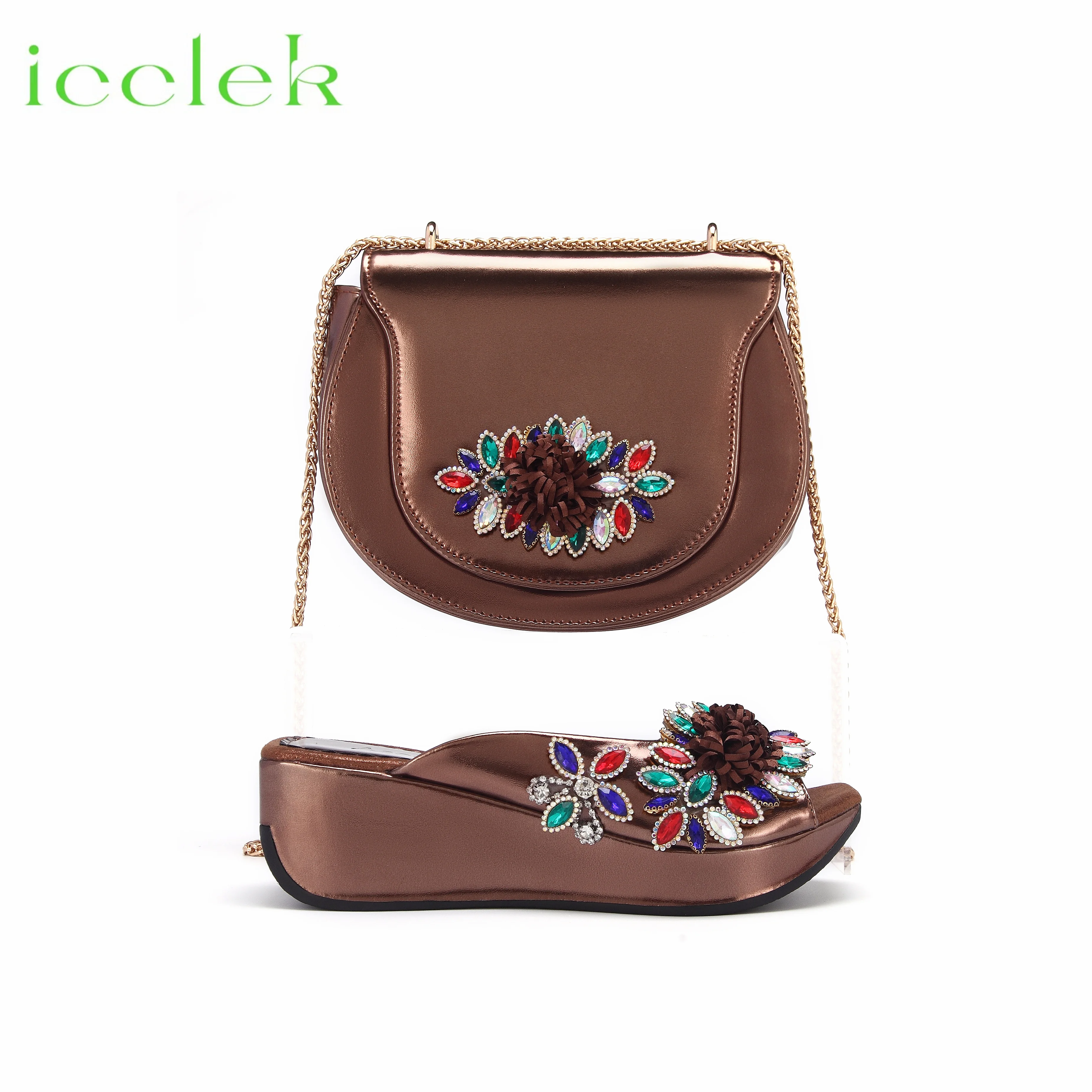 

Coffee Latest Italian Design Fashion African Women's Round Heels Comfortable Shoes and Bags Set Ladies Slippers For Wedding