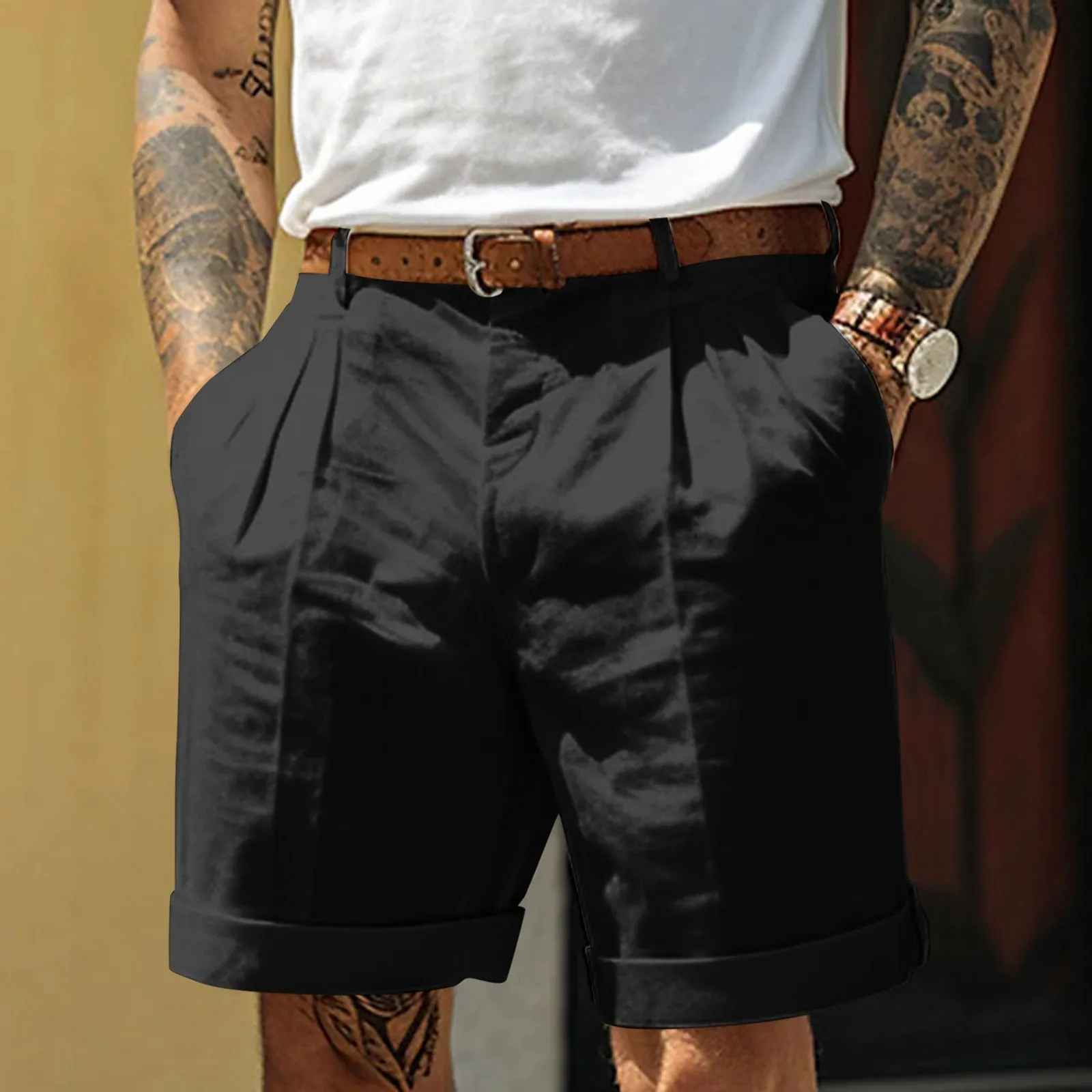 Male Summer Casual Solid Short Pant Button Short Trouser Pant Pocket Short Fashion Short Mercerized Cotton Bermuda Shorts