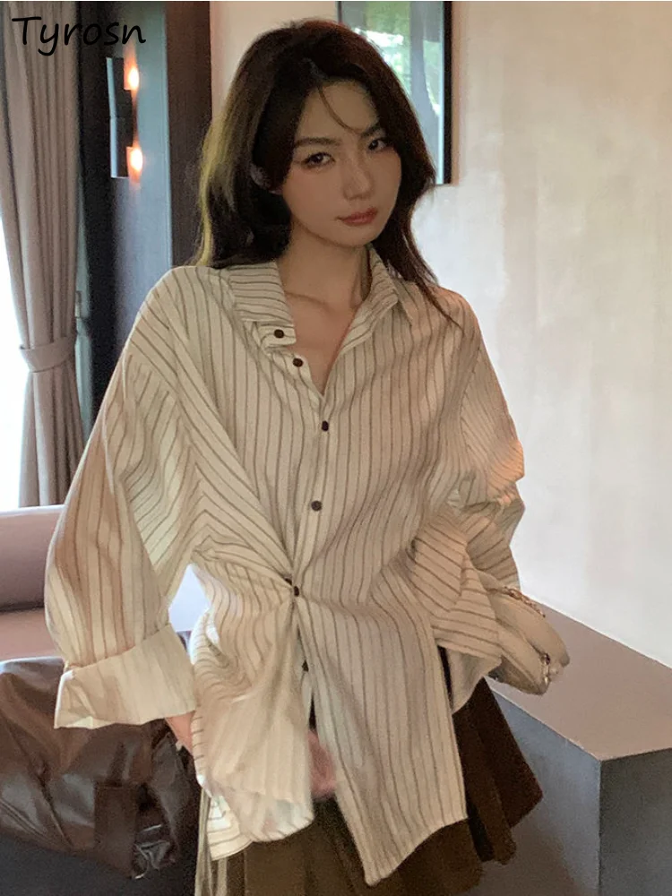 

Shirts Women Striped Daily Simple Irregular Vintage Ladies All-match Loose Autumn Comfortable Fashion Korean Style Leisure Chic