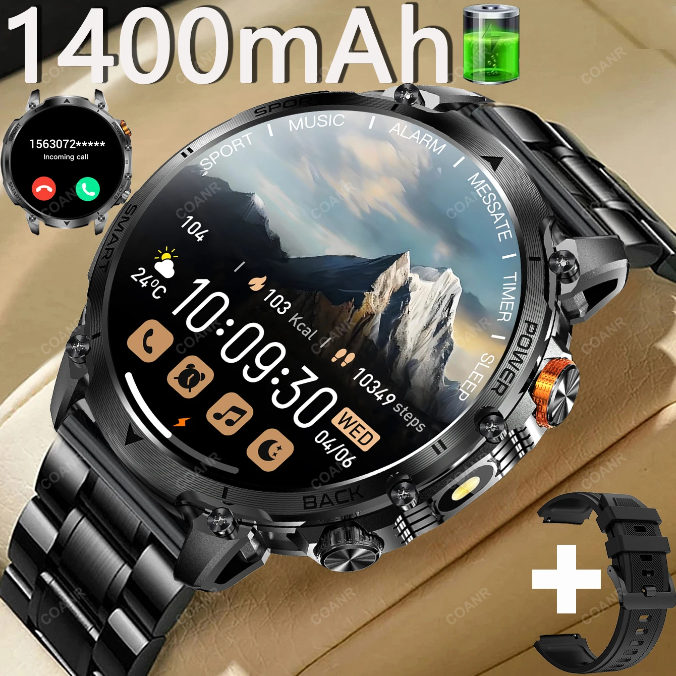 Nouvelle montre connectée de sport militaire pour hommes, batterie 1400mAh, appel BT, lampe de poche, étanche IP68, grand écran HD 1.7', montre pour hommes