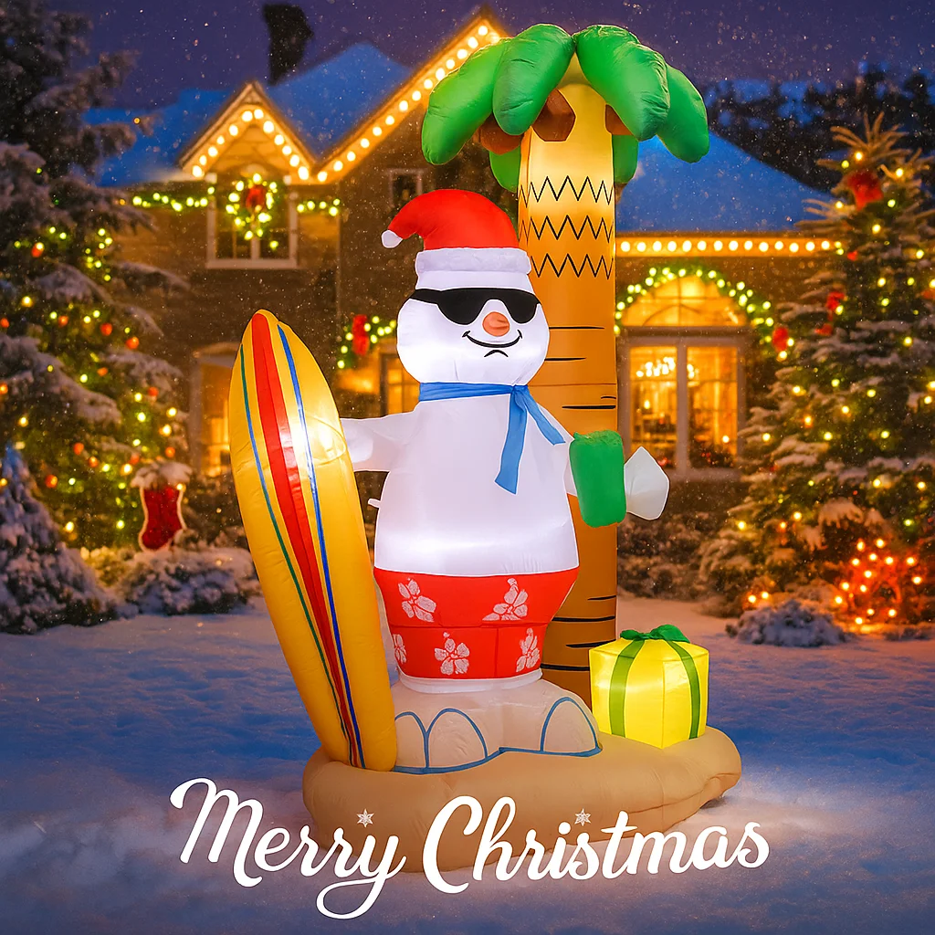 7.87フィート インフレータブルおもちゃ サーフィン サングラス 雪だるま ヤシの木 クリスマスデコレーション 庭用 LEDライト付き ホームオーナメント ホリデーギフト