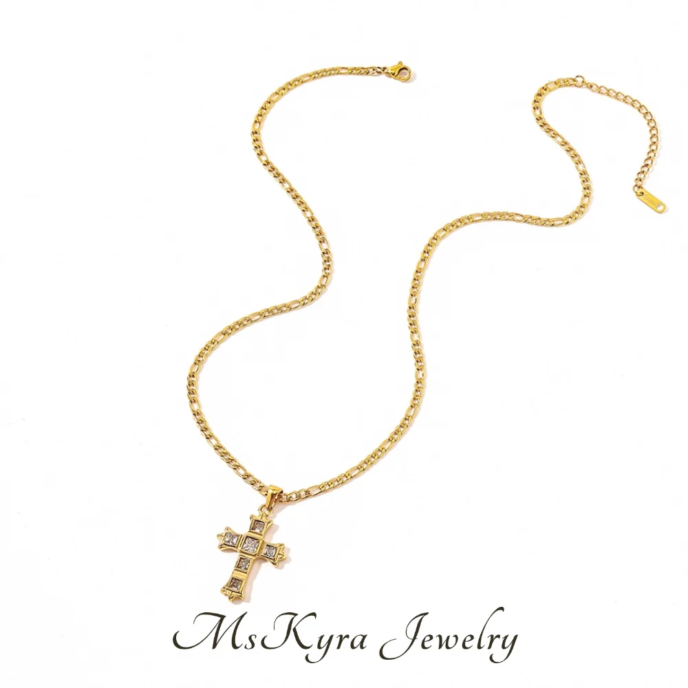 

MsKyra Stainless Steel Necklace Plated 18k Gold Color Jewelry Waterproof White Zircon Stud Cross Necklace For Women Gift
