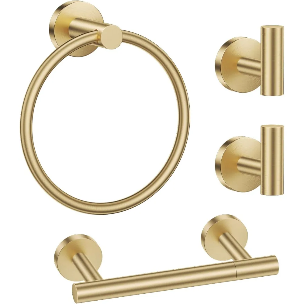

4-Piece Brushed Gold Bathroom Hardware Set: Double Base Toilet Paper Holder, Towel Ring, and 2 Towel Hooks