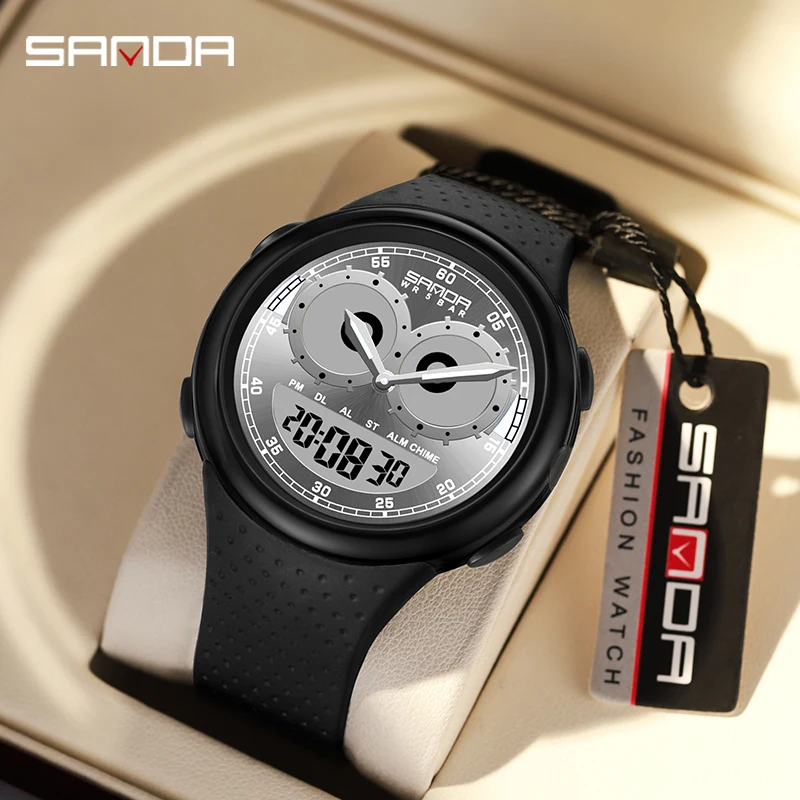 SANDA-Electronic Watch for Men, Silicone, Luminous, Waterproof, Auto Calendar, Chronograph, Relógio de pulso, Fashion Trend, 6118