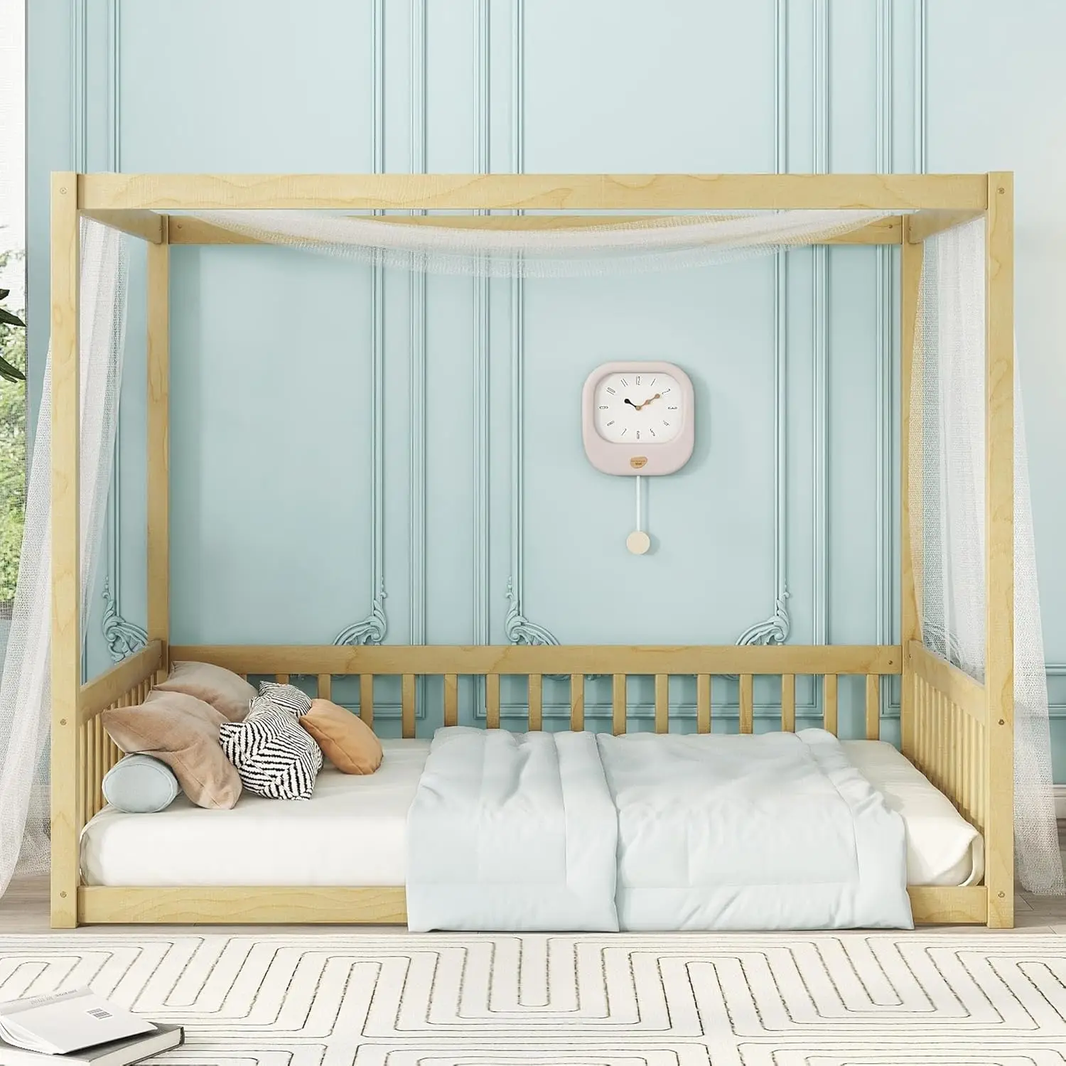 إطار سرير بمظلة بالحجم الكامل من Bellemave مع درابزين حماية للأطفال، سرير أرضي كامل بتصميم أربعة ملصقات، سرير أرضي للأطفال من مونتيسوري، W #3