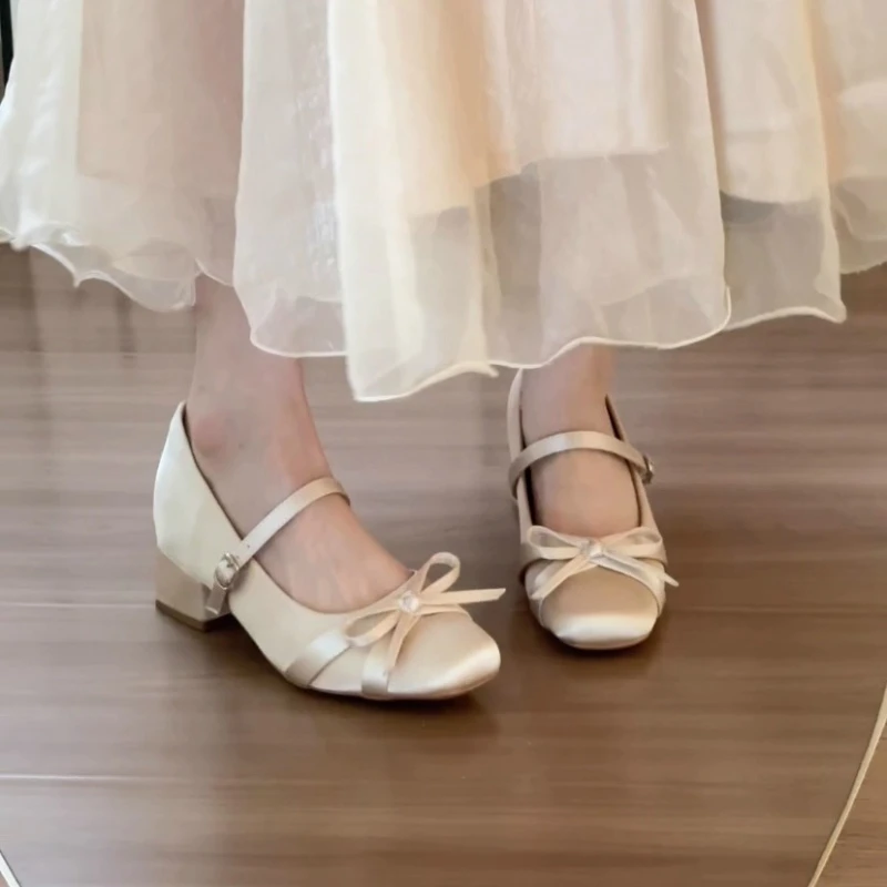 

Новинка 2024 года, туфли Мэри Джейн на высоком каблуке с изогнутым бантом, женские новые модные туфли на блочном каблуке с квадратным носком, женская обувь