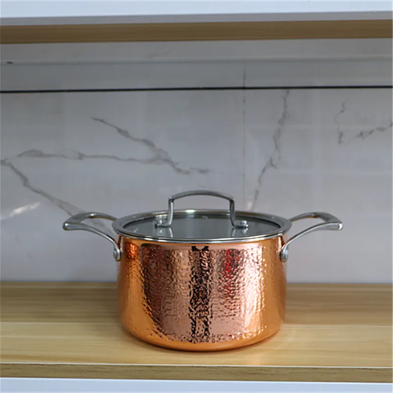 

German Quality Hammered Copper Pot Stainless Steel Frying Pan & Soup Pot Set Induction Compatible Premium Kitchen Cookware