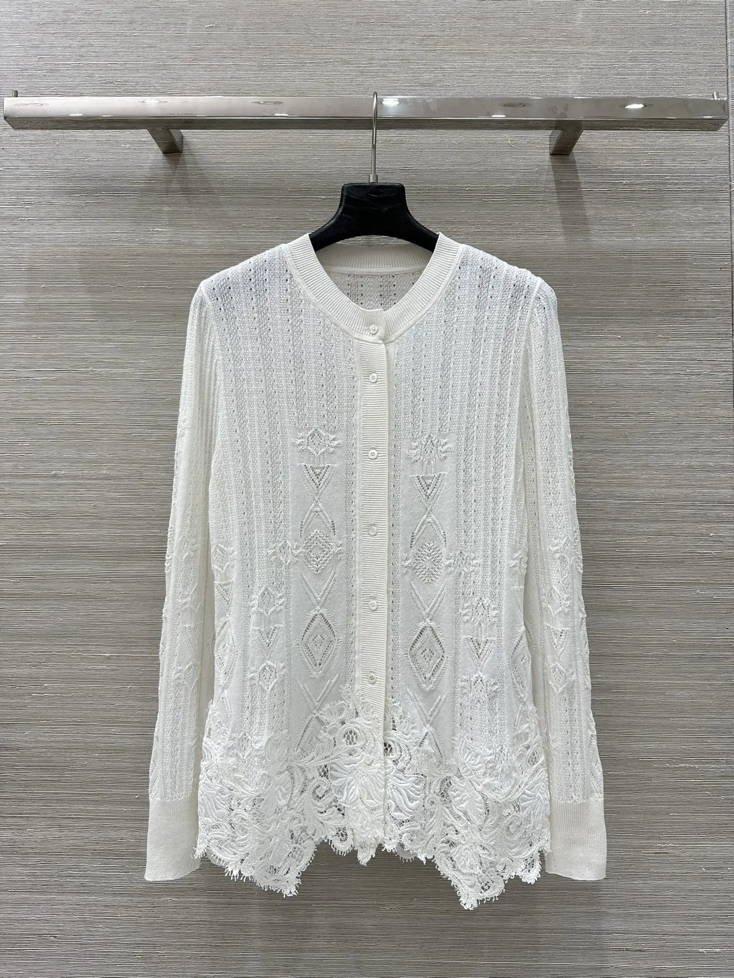 

Женский вязаный кардиган с кружевной вышивкой, осенний однобортный элегантный женский свитер с круглым вырезом и длинными рукавами