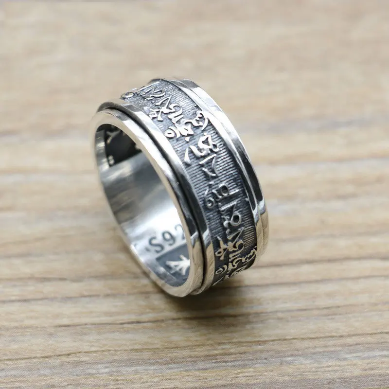 Diamond Pestle Daming Mantra Retro Thai Silver Manufacturer Wholesale Ring Male Middle Finger Buddha Sutra Pure Silver Ring Six