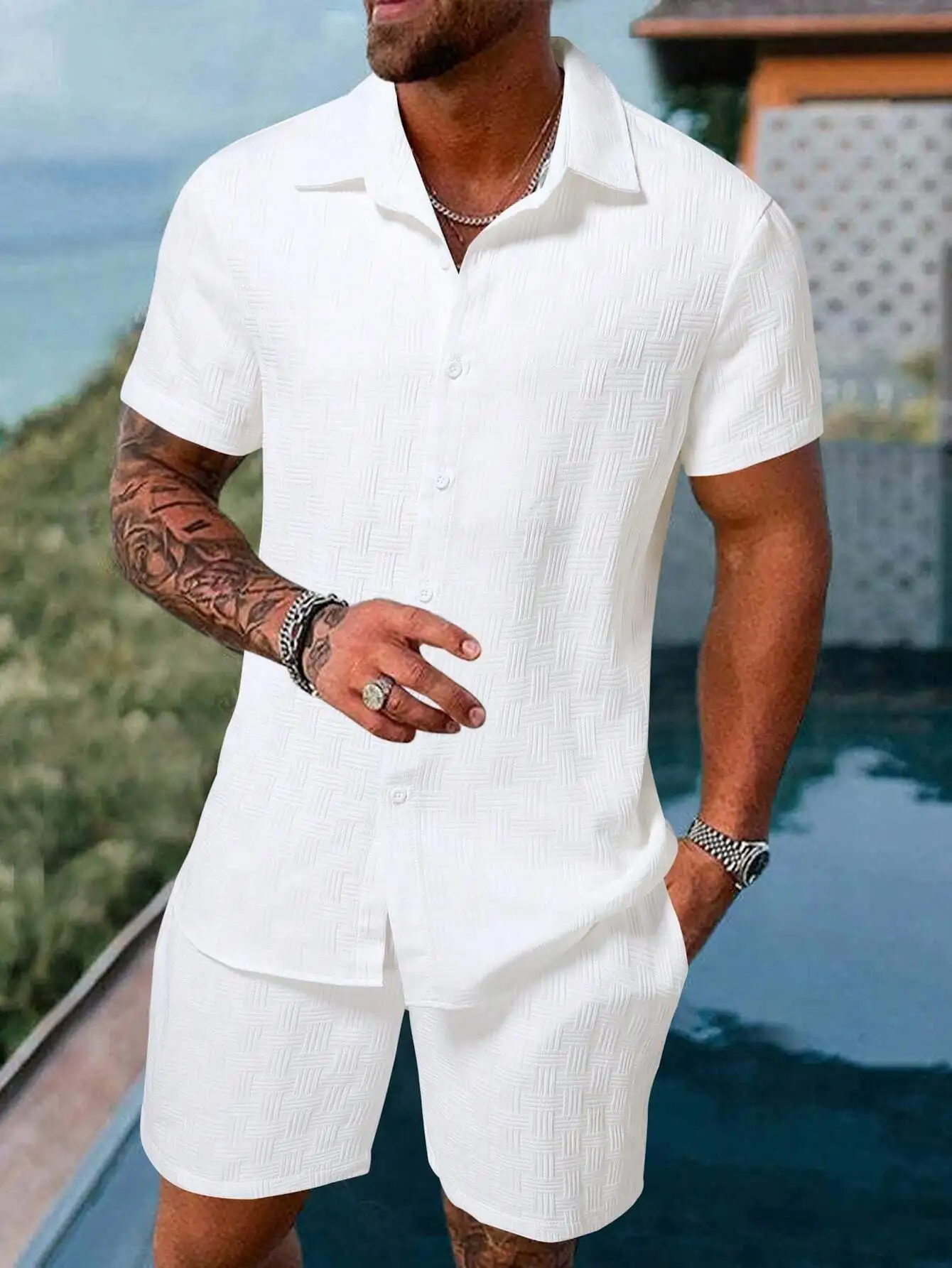 

Men's White Textured Woven Button-Up Shirt and Shorts Set for Vacation