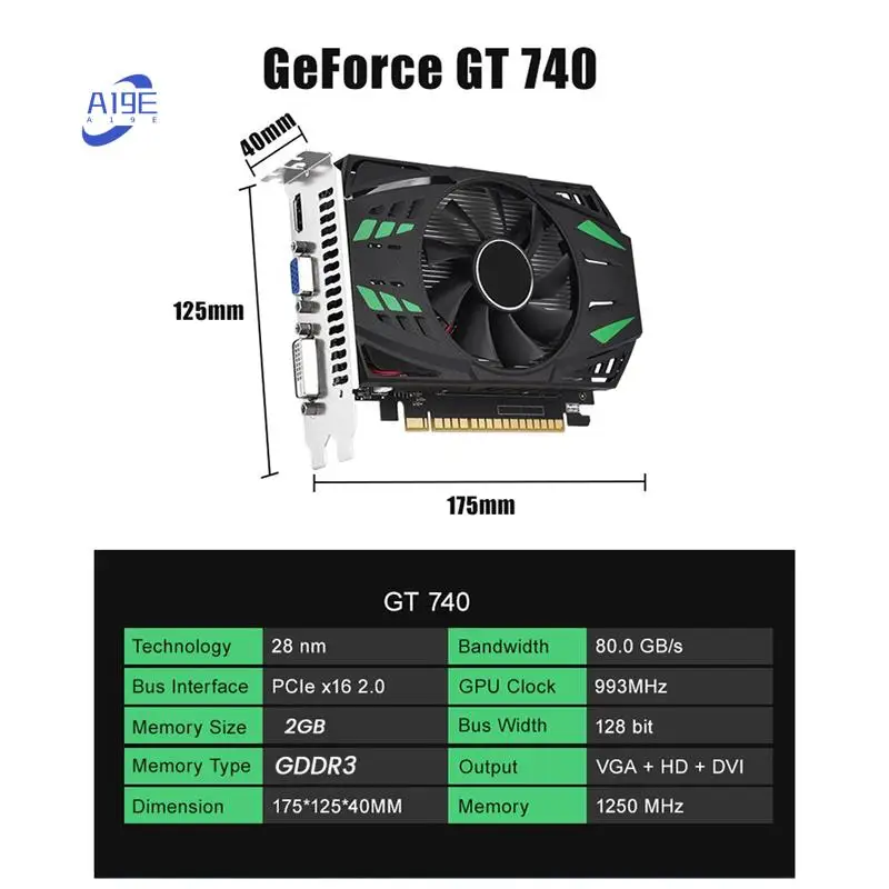 

A19E-Geforce GT740 2GB GDDR3 Graphics Card 128 Bit 993Mhz 1250Mhz 28 Nm Pcle X16 2.0 VGA+HD+DVI Video Card Durable